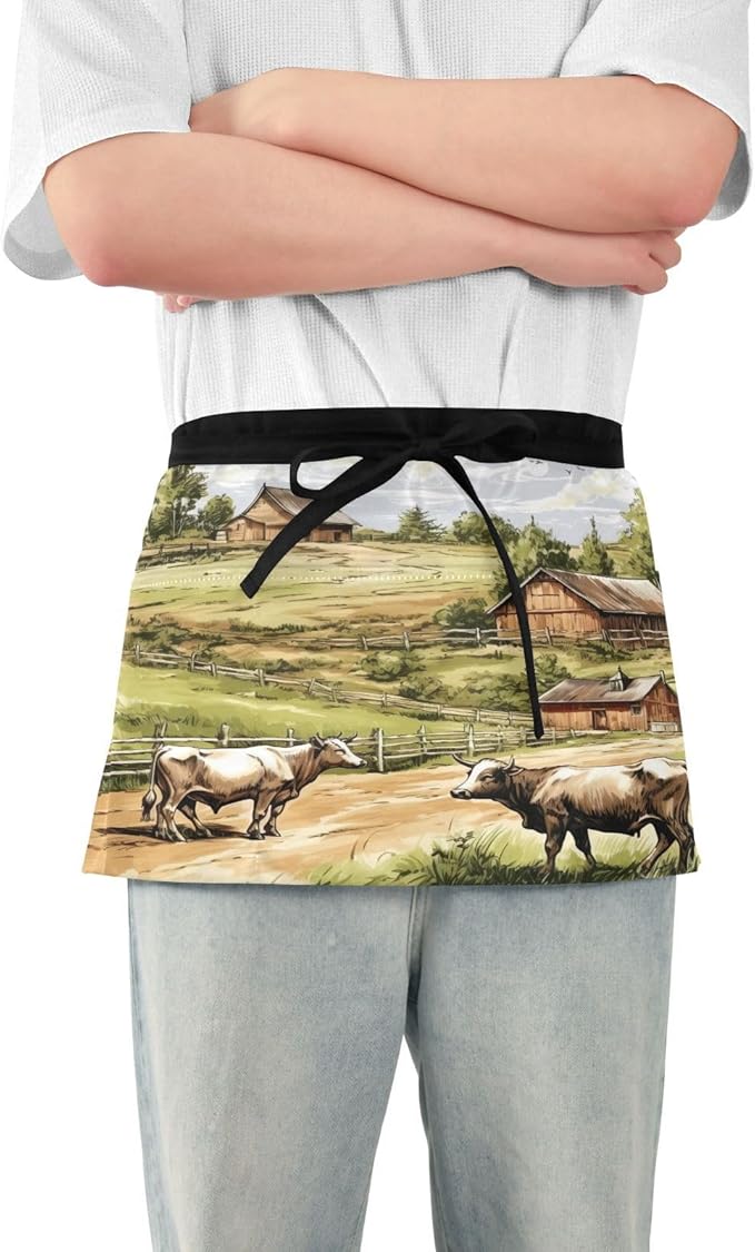 Server Apron with 3 Pockets, Farm Animals 12 Inch Waist Apron for Waiters Gardeners, Waterproof Half Apron Waitress Apron