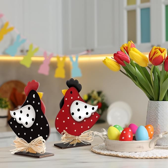 3 Pcs Rooster Decor Chicken Table Sign Easter Wooden Chickens Centerpieces with Raffia Farmhouse Rooster Birthday Party Decor Hen for Home Table Desk Door Shelf Chicken Party Easter Gift