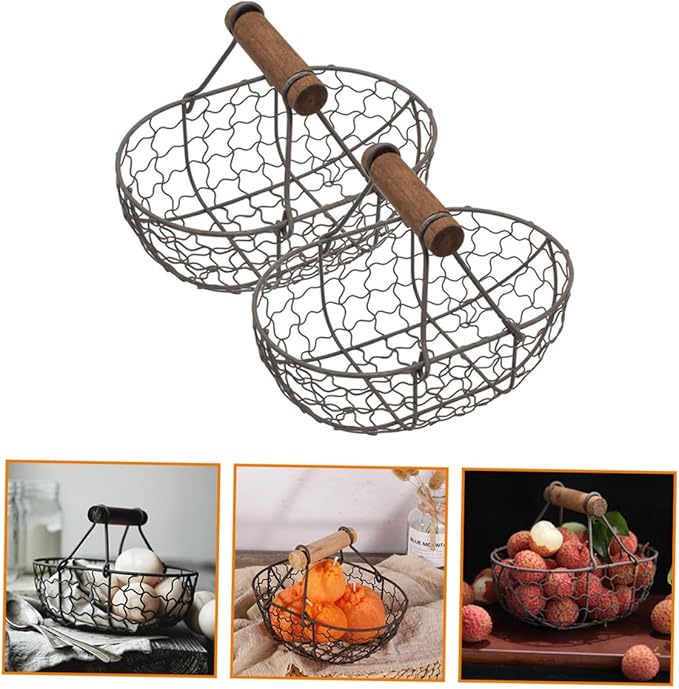 Alipis 2pcs Vintage Style Iron Wire Fruit Basket with Wooden Handle, Multi-function Kitchen Storage Organizer for Bread and Eggs, Decorative Metal Wire Basket for Home Countertop