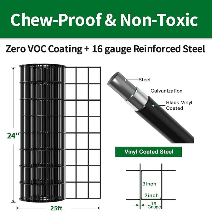 AMAGABELI GARDEN & HOME Black PVC Coated Welded Wire Fence 2inchx3inch 24inchx25ft 16Gauge Garden Border Fencing Roll Vinyl Coating Metal Wire Mesh Garden Bed Plant Supports Poultry Netting Cage