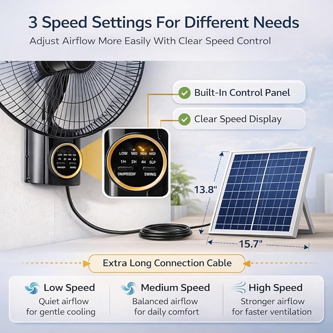 16" Wall Mounted Fan Waterproof, Solar Fans for Outside With Remote Control, Battery Powered Solar Greenhouse Fan, Heavy Duty Outdoor Fans for Patios 3 Speeds, 90° Tilt