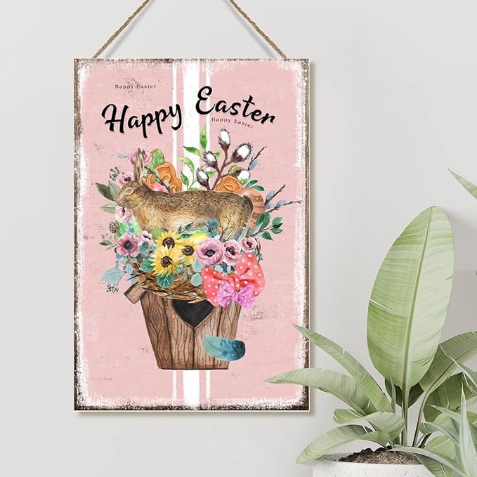 Happy Easter Flower Basket Bunny Wall Hanging Plaques French Style Floral Pink Stripes Wooden Sign Plaque Happy Easter Welcome Spring Wood Plaque for Home Office Porch 12x18in