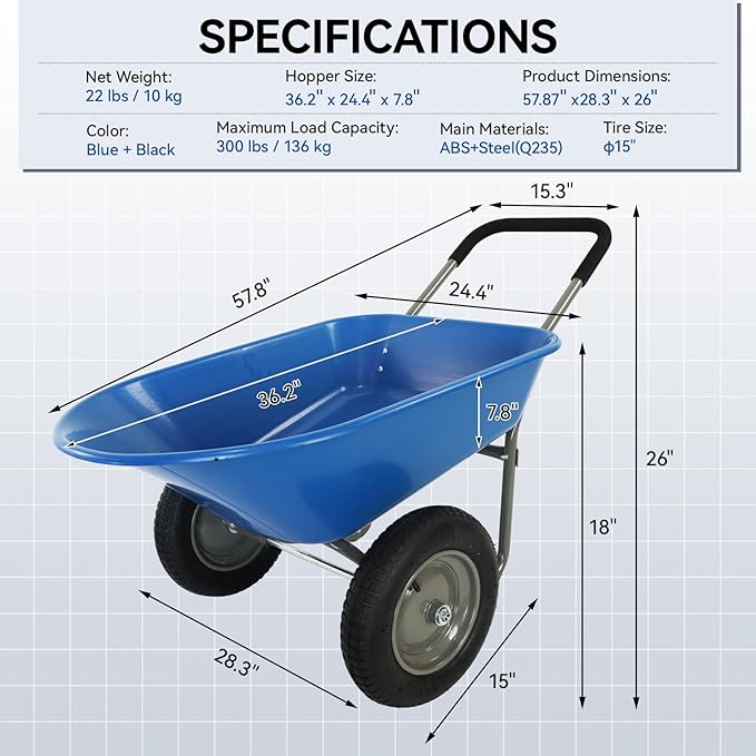 Dual Wheel Garden Wheelbarrow,Heavy Duty Yard Cart with 10“/15" Pneumatic Tires, Rustproof Poly Tray & Steel Handle, 300 lbs Capacity Utility Cart for Lawn, Farm, and Landscaping (Blue-15“)