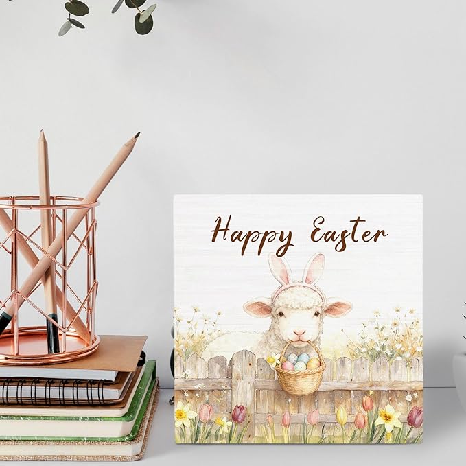 Happy Easter Lamb Wooden Box Sign Desk Decor, Spring Wildflower Easter Egg Farmhouse Sheep Wood Signs for Bedroom Home Office Desk Table Shelf Decorations, 5x5 Inch