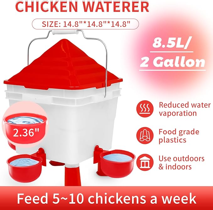 Chicken Feeder and Waterer Set, 13 lb No Waste Automatic Chicken Feeder Bucket & 2 Gallon Gravity Chicken Waterer, Poultry Feeder Kit with Vegetable Hanging Net, Chicken Coop Accessories for Hens