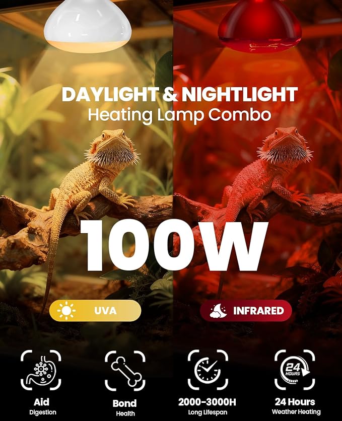 KINDEEP 100W Reptile Heat Lamp Bulbs: Reptile Day & Night Basking Spot Bulb Combo Amphibian Infrared Heat Lamp Bulb - UVA Basking Spot Daylight Heating Light Bulb for Lizard Tortoise Snake