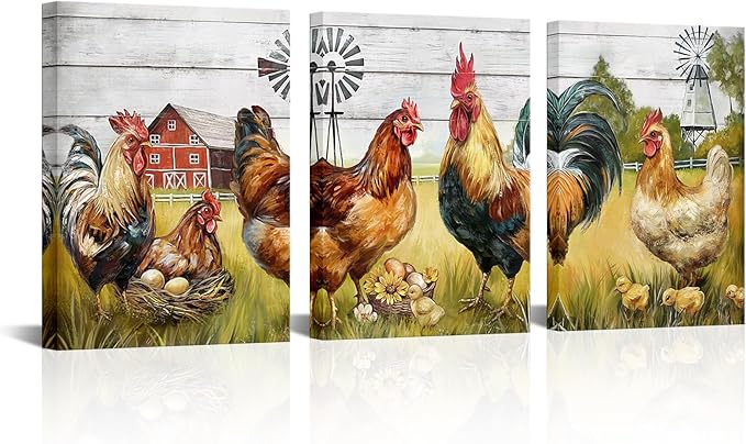 HOMEOART Farmhouse Wall Art Rooster Canvas Wall Art Farm Barn Chicken Pictures Wall Decor Prints Framed 12x16inchx3Pieces,Farmhouse Kitchen Living Room Decor