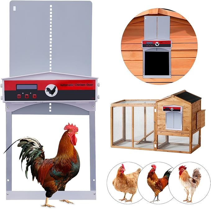 Automatic Chicken Coop Door with Timer&Light Sensor, Weatherproof Chicken Door Opener Kit with LCD Screen, Anti-Pinching Protect Function, Safety Mechanism, Battery Powered