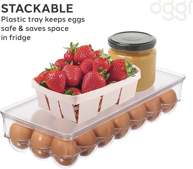 Oggi Stackable Covered Egg Holder - Kitchen Organization, Fridge Organizer, Food Storage, Clear Stackable Storage Bins, 21 Egg Tray