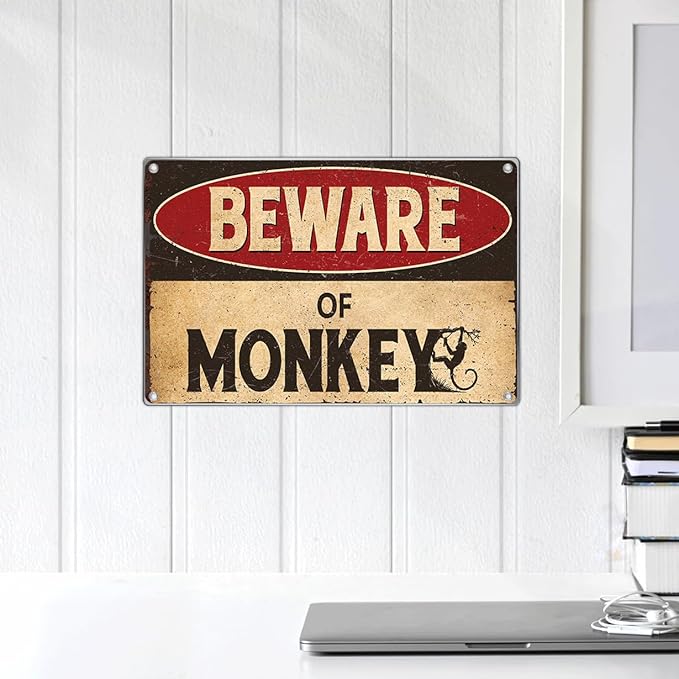 Vintage Beware Of Monkey Metal Sign Funny Warning Wall Decor 12 x 8 Inch Retro Tin Plaque For Man Cave Garage Home Bar Yard Art Outdoor Aluminum Indoor Kitchen