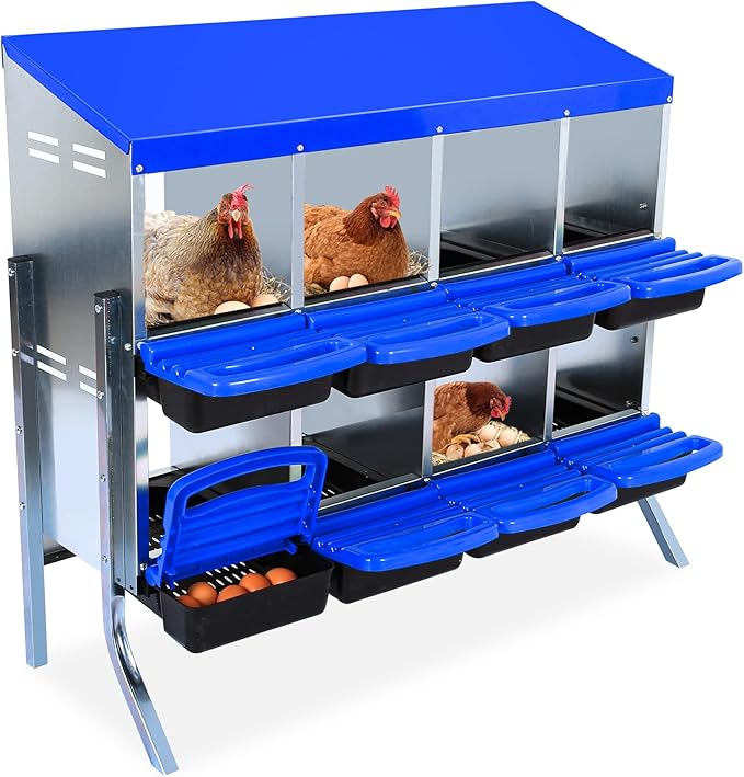 Chicken Nesting Box 8-Hole Roll Away Egg Laying Box with Lid & Stand, Galvanized Steel Rustproof Poultry Coop Box, Easy Clean, Wall Mountable No Bracket Needed for Hens, Blue