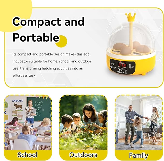Mini Egg Incubator, 4 Egg Incubator Household Hatching Machine Automatic Temperature Humidity Control for Farm, Classroom, Home Use (Auto Turning)