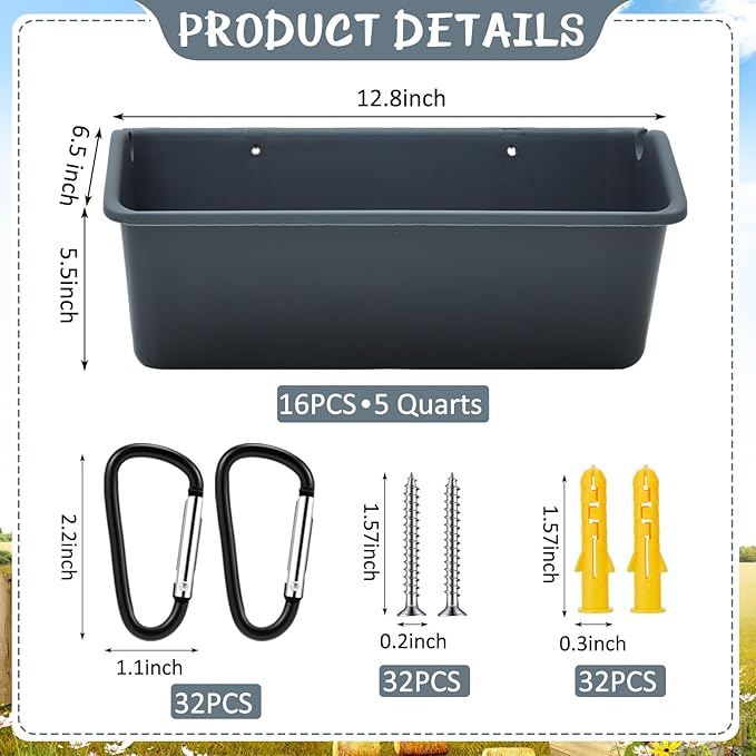 Wenqik 16 Pack 5 Quart Hanging Chicken Feeders Trough Goat Feeder Duck Water with Metal Clips Chicken Waterer Bucket Container for Fence Turkeys Horse Pig Deer Goose Livestock Poultry Supplies