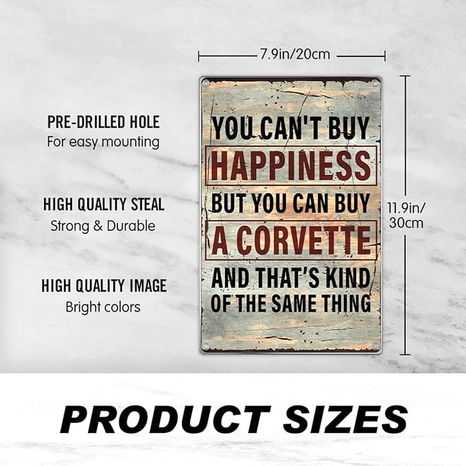 Vintage Metal Sign You Can't Buy Happiness But Can A Wall Art For Garage Man Cave Auto Enthusiast Car Lover Indoor Outdoor Decoration 8 x 12 Inch Kitchen