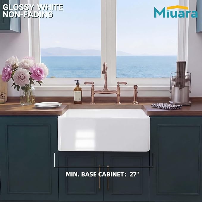 Miuara Farmhouse Sink 24 Inch - Small Apron Front Undermount Kitchen Sink Reversible 24"x18"x10", Farm House Style Single Bowl, Heavy Duty Solid Fireclay, Glossy White, for Kitchen & Laundry
