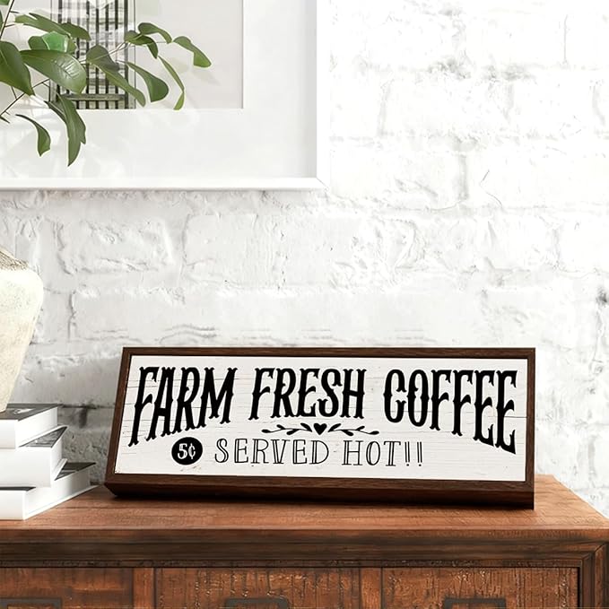 Country Style Cafe Decor, Farm Fresh Coffee Sign, Decorative Wooden Wall Plaque, Home Decor for Kitchen Bar, Cafe Decors, Housewarming Gift 9.5x3.1x1 inches