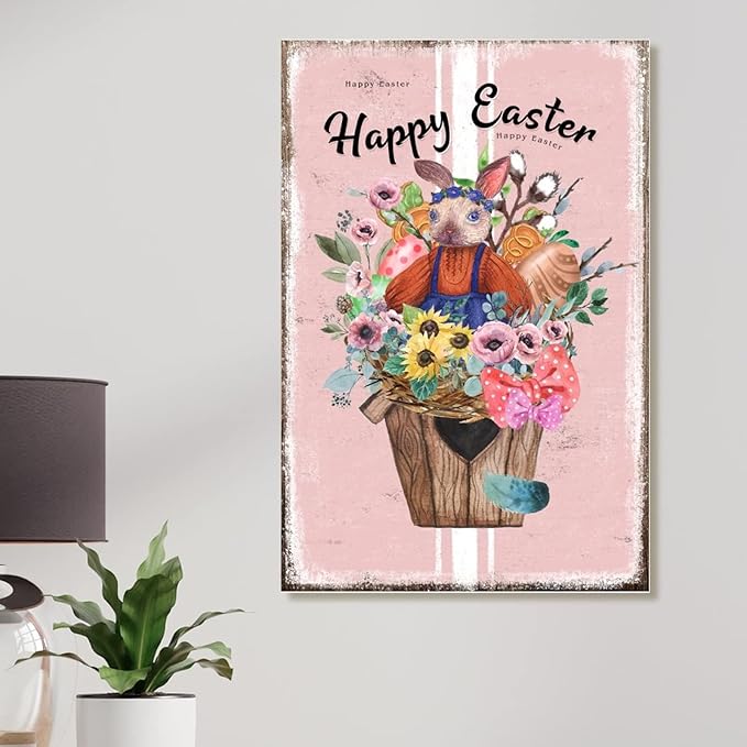 Wood Wall Decor Sign Happy Easter Flower Basket Bunny Sign French Style Floral Pink Stripes Wood Art Plaques Bunny Rabbit Happy Easter Wood Wall Art Sign for Bedroom 12x18in