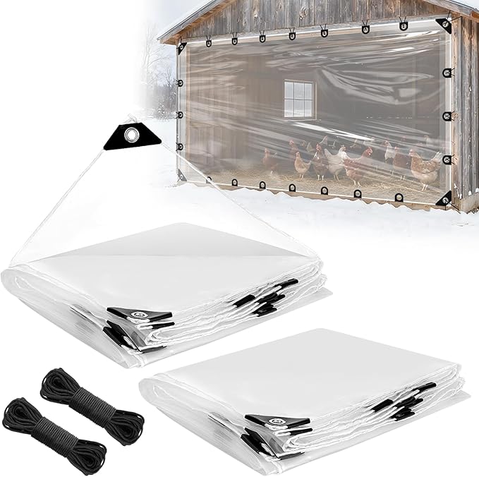 10x13ft Anti-Tear Clear Tarp Waterproof - 2pcs Windproof Poly Tarpaulin, Heavy Duty Transparent Enclosure with Grommets for Covering Chicken Coops Greenhouse Garden Plants
