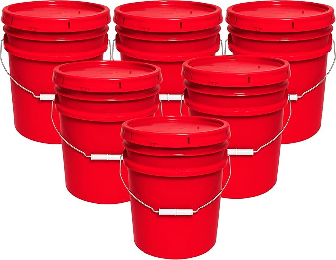 5-Gallon Bucket with Airtight Lid – Made in USA, Food Grade BPA Free Plastic, Heavy Duty Multi-Use, Metal Handle with Grip, Stackable Storage – Red, 6 Pack