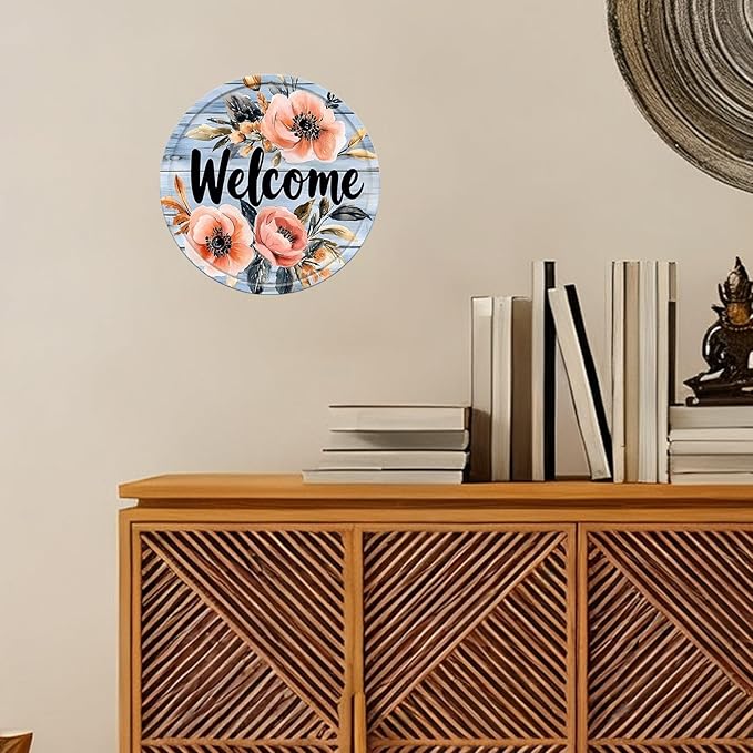 Round Welcome Aluminum Metal Tin Sign Wreath Vintage Farmhouse Wall Decor for Kitchen Backyard Home Outdoor Porch Gate 12x12inch