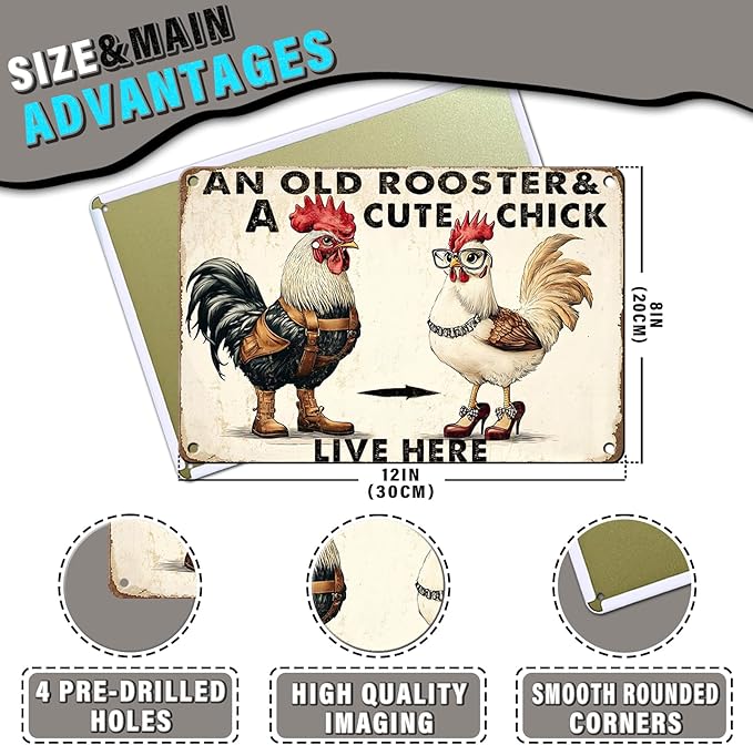 PEACHGARDEN Funny Chicken Metal Sign An Old Rooster A Cute Chick Live Here Vintage Tin Sign for Home Farm Chicken Coop Farmhouse Kicthen Garden Decor 8X12inch