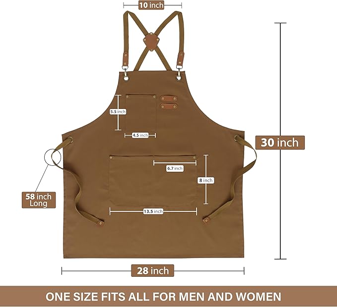 RUVANTI Work Apron for Men, Oil & Water Repellent, Poly Cotton Cross Back Aprons for Women with Pockets, Adjustable up to XXL