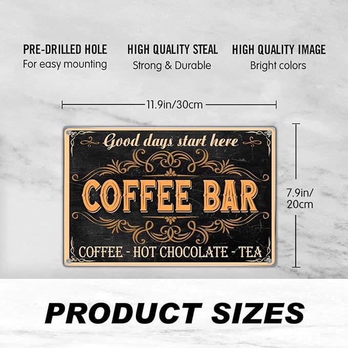 Good Days Start Here Coffee Bar Sign Vintage Metal Wall Decor Plaque For Kitchen Cafe Home Station Hot Chocolate Tea 12 x 8 Inch Aluminum Indoor Art Outdoor