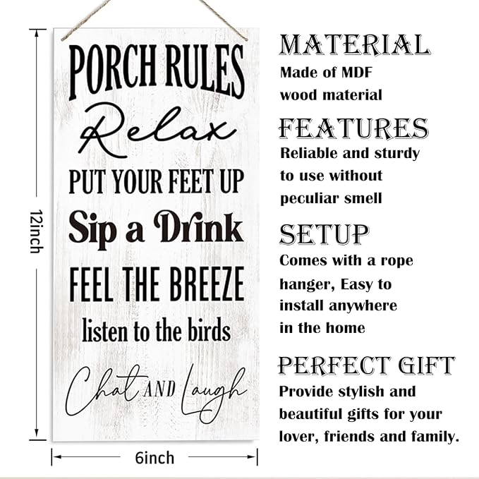 Porch Rules Signs, Positive Porch Decor, Decorative Wood Hanging Wood Plaque, Country Style Home Decoration, Farmhouse Home Decorative, Rustic Hanging Decor for Indoor Outdoor