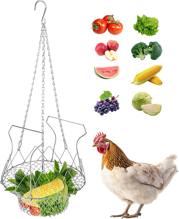 BOXOB Adjustable Hanging Chicken Feeder, Large Foldable Poultry Vegetable Fruit Chick Feeding Drinker Basket with Chain Chicken Treat Holder Coop Accessories Toy for Your Hens Ducks Rabbits