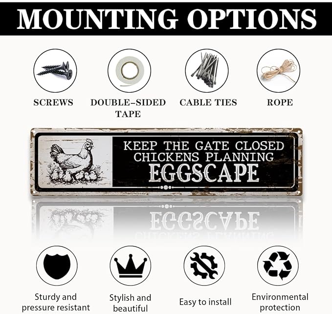 Hen House Decor, Keep the Gate Closed Chicken Sign, 15.8x4 inches, Funny Metal Tin Signs for Farm, Cute Hens Fence Sign, Fresh Egg Decor, Aluminum Metal Tin Signs, Chicken Lover Gift