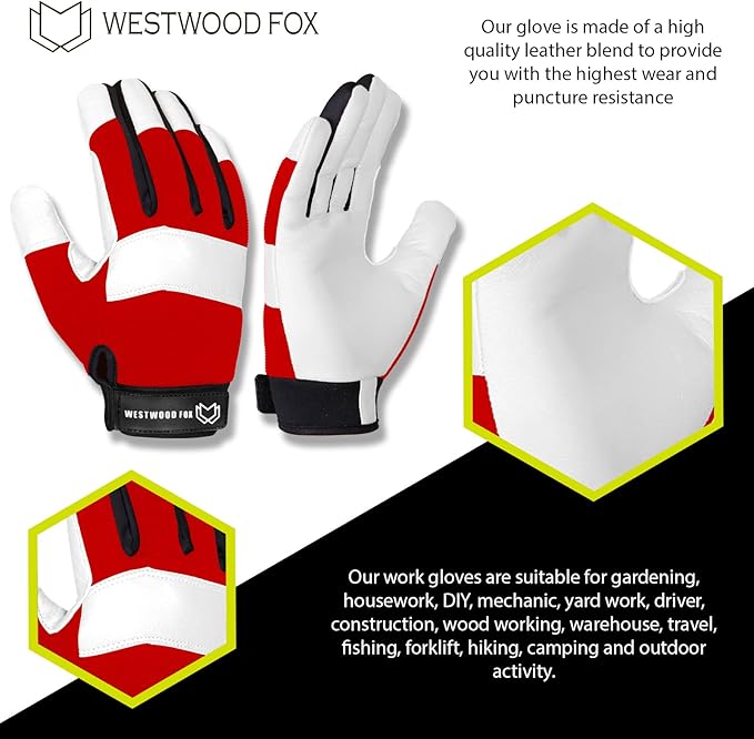 WESTWOOD FOX Gardening Working Gloves Leather Safety Thorn Proof Gloves for Mens & Women Flexible Heavy Duty Mechanic Gloves