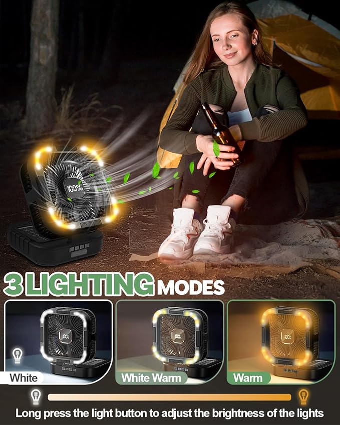 25000mah Camping Solar Fan, 120° Oscillation Rechargeable Solar Powered Fan with LED Light, 6 Adjustable Speeds Battery Powered Portable Fans, USB-C Fans for Travel Tent Camping Accessories