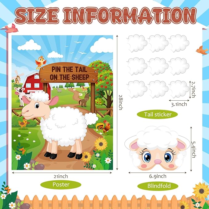 Faccito Farm Animal Games Pin The Tail on The Animals Barnyard Birthday Party Decorations Farm Poster Games with 24 Stickers 2 Eye Masks for Family Activities Birthday Party Decor Supplies (Sheep)