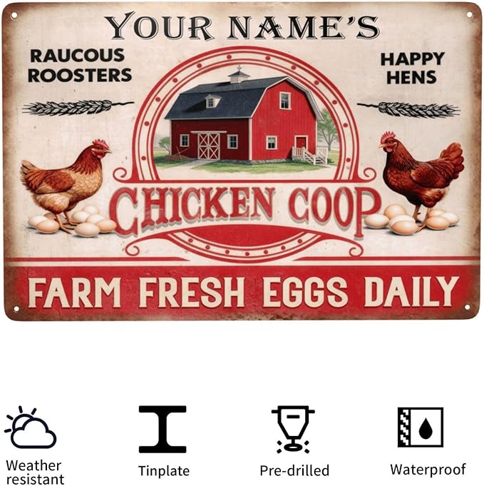 Custom Name Chicken Coop Metal Sign Raucous Roosters Happy Hens Farm Fresh Eggs Daily Vintage Rustic Tin Plaque Wall Art for Backyard Barn Homestead