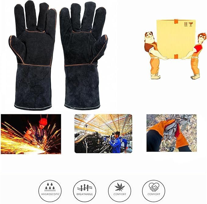 Black Welding Gloves Bite Proof Glove Animal Handling (1Pair) 14 inch Leather for Gardening Work Cat Dog Scratch