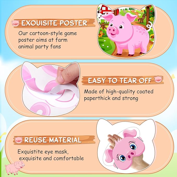 Faccito Farm Animal Games Pin The Tail on The Animals Barnyard Birthday Party Decorations Farm Poster Games with 24 Stickers 2 Eye Masks for Family Activities Birthday Party Decor Supplies(Pig)