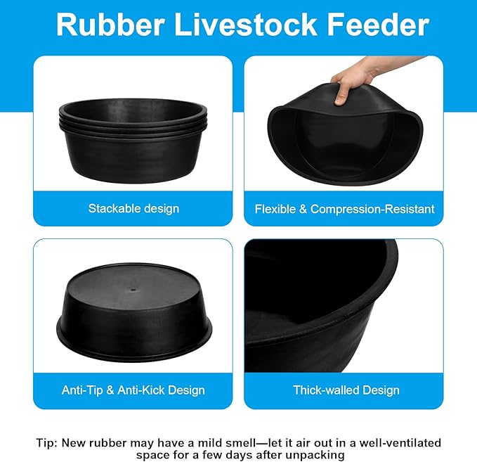 4 Pcs Rubber Feed Pan, 4 Quart 10.6 x 4.1 Inche Livestock Feeding Bucket, Dust Bath Container, Durable Utility Bowl for Horse Cats Dogs Chickens Ducks Goats Pigs and Farm Small Animal.