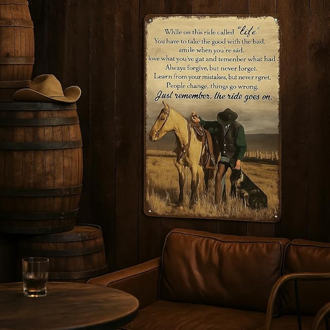 Western Decor Vintage Tin Sign While On This Ride Called Life Gifts for Western Cowboy Lovers Western House Wall Decor for Garage, Man Cave,Bar 8x12 Inches
