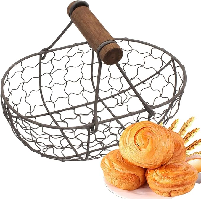 Oval Chicken Wire Egg Basket, Vintage Wire Basket with Wooden Handle for Fruit Vegetable Bread, Egg Collecting Baskets for Fresh Eggs for Farmhouse Kitchen Counter-top, Can Hold 12 Eggs