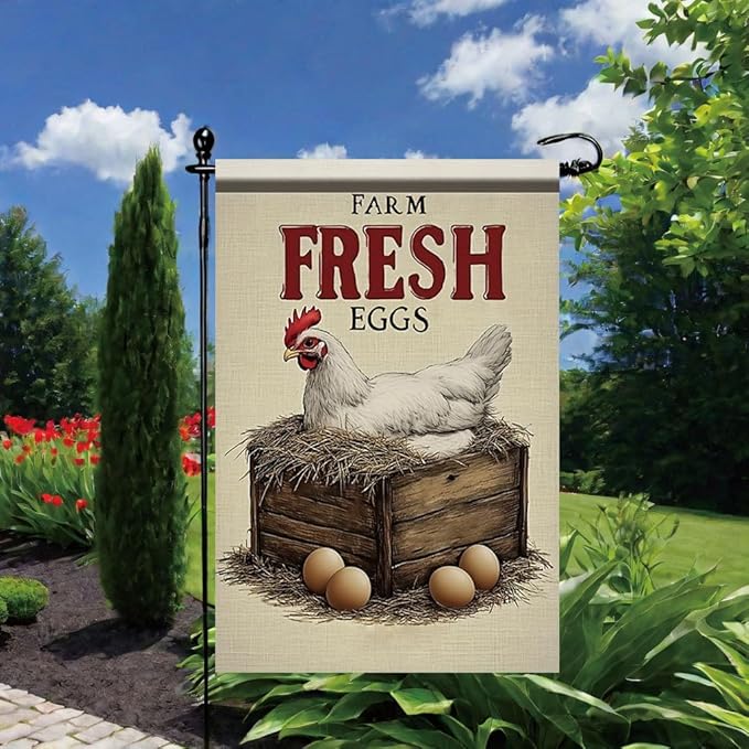 Farm Fresh Eggs Garden Flag 12x18 Inch Double Sided Outdoor Yard Banner Hen on Nest Rustic Farmhouse Country Decor for Garden Porch Patio Lawn Home Decoration
