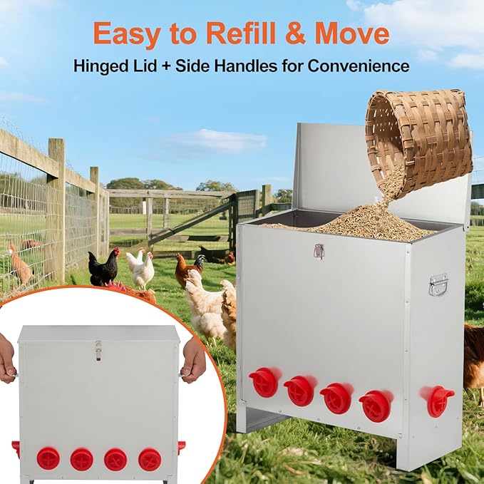 Large Automatic Chicken Feeder 85-120lbs, Galvanized Metal Chicken Food Dispenser, Rainproof & Rodent Proof No Waste Poultry Feeder for Backyard Coop, Farm, Ducks & Hens (10 Ports)