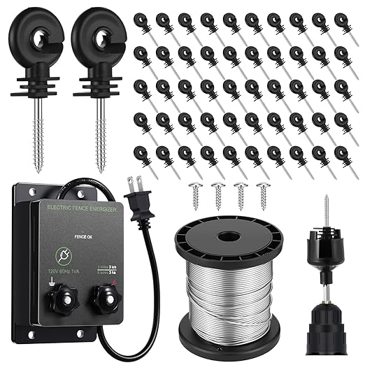 2-Mile 5000V 0.1Joule Electric Fence for Preventing Animals Intruding, 50 Black Fence Insulator and 1 Socket Tool, 250ft Aluminum Wire for Electric Fencing Grid System Accessories