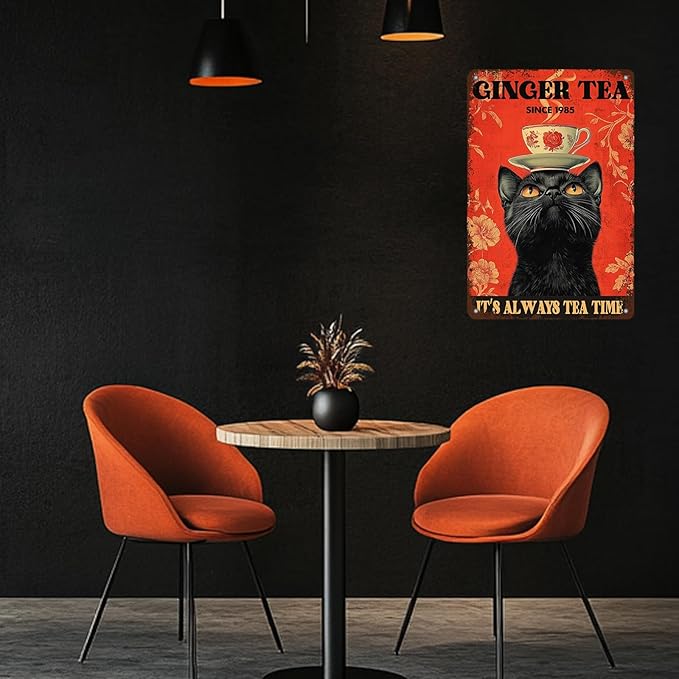 Funny Black Cat Tin Sign Ginger Tea It'S Always Tea Time Metal Sign Wall Decor For Home Cafe Bar Kitchen Poster 12x8 Inch