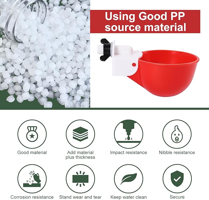 Chicken Waterer Cups (16 Pack/Red) - DIY Automatic Large Chicken Water Feeder for Ducks Quail and Various Poultry Dispenser with Matching Drill, Double Rubber Ring, Not Leaking Wate…