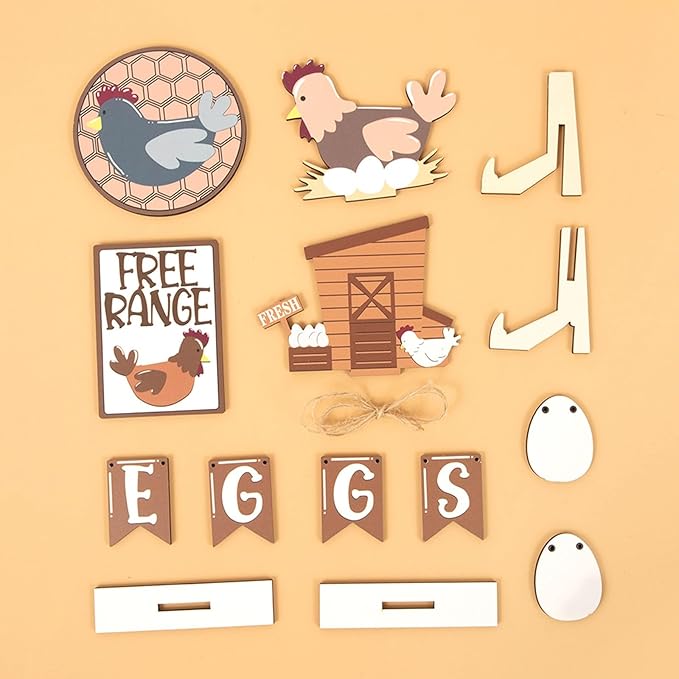 13 PCS Tiered Tray Decor Set for All Seasons-Farm Chicken Rustic Wooden Tiered Tray Sign，Hen Eggs Chik Decorative for Home Kitchen Table Shelf Bar