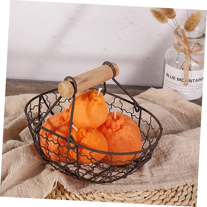 2pcs Small Iron Storage Basket with Wooden Handle, Farmhouse Style Metal Fruit and Egg Holder for Kitchen Countertop Organization, Vintage Rustic Wire Basket for Bread and Pantry