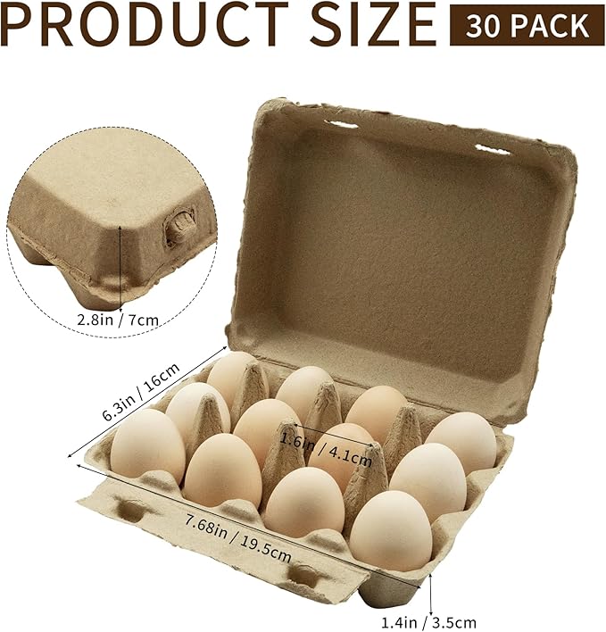 Cheardia 30 Pack Dozen Egg Cartons Tray, 12 Count Natural Paper Chicken Egg Holder, Reusable Vintage Pulp Cardboard Eggs Containers for Farm Family Market Storing Refrigerator
