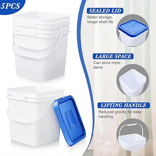 Mumufy 5 Pcs 3.5 Gallon Square Food Grade Bucket with Lid Square Bucket Pail Plastic Handles for Long Term Food Storage, Camping, Fishing, Home Organization Easy Stack and Store (Blue Lid)