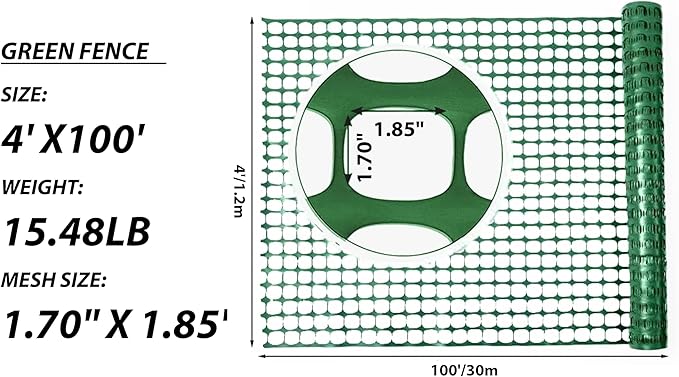 PotatoLife Plastic Mesh Fence Safety Fence, 4'x100' Roll with 100 Zip Ties, Resuable Temporary Netting for Garden Fencing, Construction, Snow Fencing, Animal Barrier, Poultry, Deer, Patio, Green