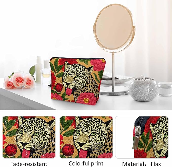 Woman Makeup Bag Leopard, Wildlife Leopard Panther Peonies Red Makeup Bags Travel Cosmetic Bags Toiletry Makeup Organizer Pencil Pouch Make Up Cosmetic Bag For Owners Lady Birthday Gifts